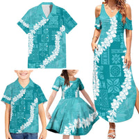 Hawaii Aloha Family Matching Summer Maxi Dress and Hawaiian Shirt Teal Quilt Patch Work Mix Plumeria Lei LT7 - Polynesian Pride