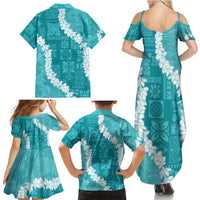 Hawaii Aloha Family Matching Summer Maxi Dress and Hawaiian Shirt Teal Quilt Patch Work Mix Plumeria Lei LT7 - Polynesian Pride