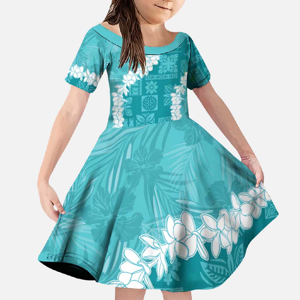 Hawaii Aloha Family Matching Tank Maxi Dress and Hawaiian Shirt Teal Quilt Patch Work Mix Plumeria Lei LT7 Daughter's Dress Teal - Polynesian Pride