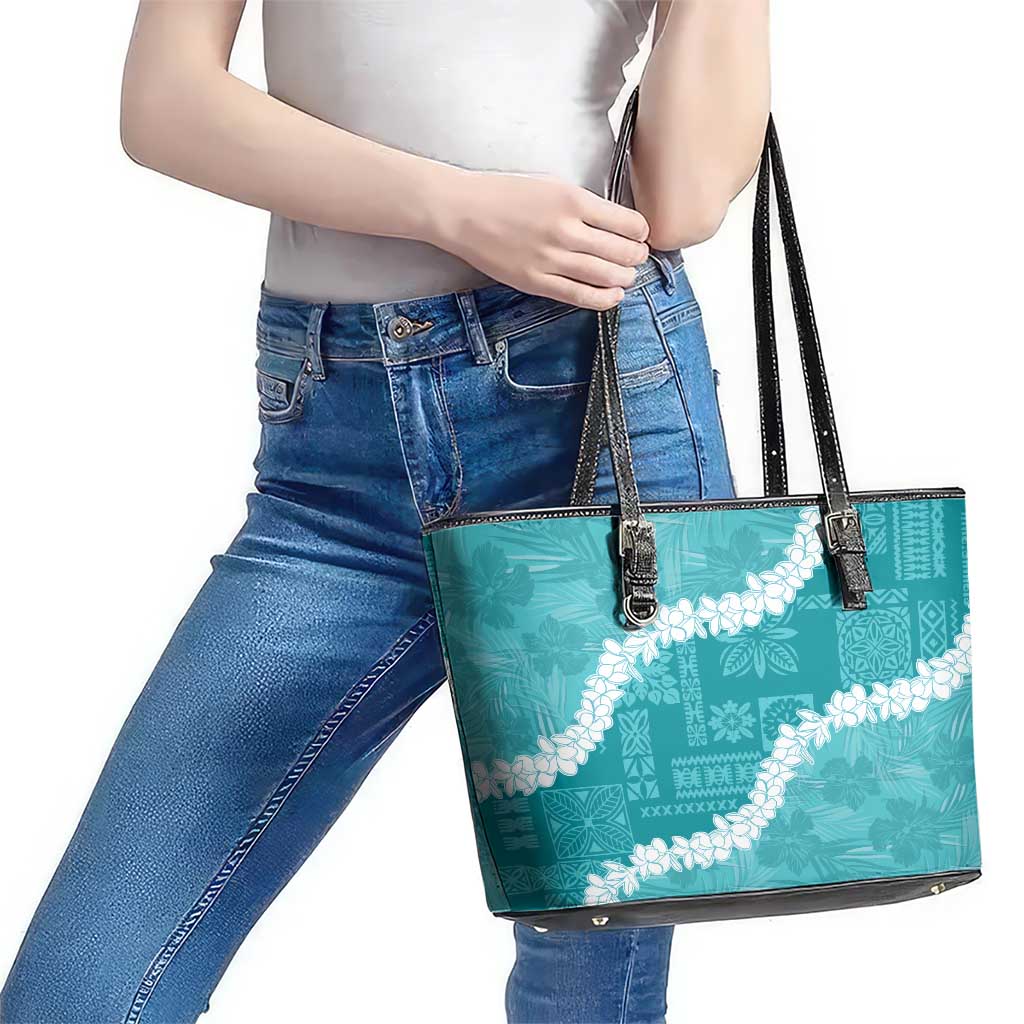 Hawaii Aloha Leather Tote Bag Teal Quilt Patch Work Mix Plumeria Lei