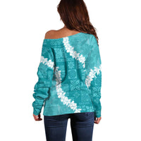 Hawaii Aloha Off Shoulder Sweater Teal Quilt Patch Work Mix Plumeria Lei LT7 - Polynesian Pride