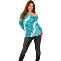 Hawaii Aloha Off Shoulder Sweater Teal Quilt Patch Work Mix Plumeria Lei LT7 - Polynesian Pride