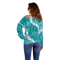 Hawaii Aloha Off Shoulder Sweater Teal Quilt Patch Work Mix Plumeria Lei LT7 - Polynesian Pride