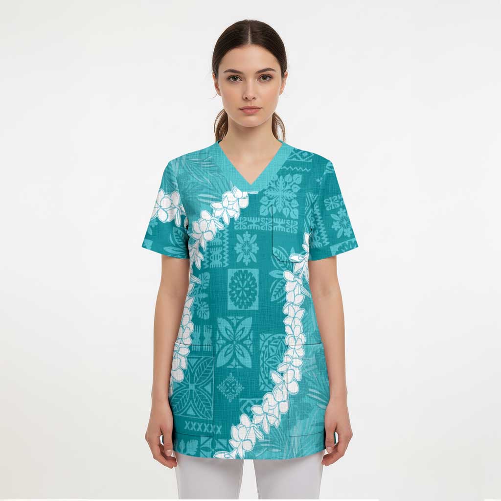 Hawaii Aloha Scrub Top Teal Quilt Patch Work Mix Plumeria Lei - Polynesian Pride