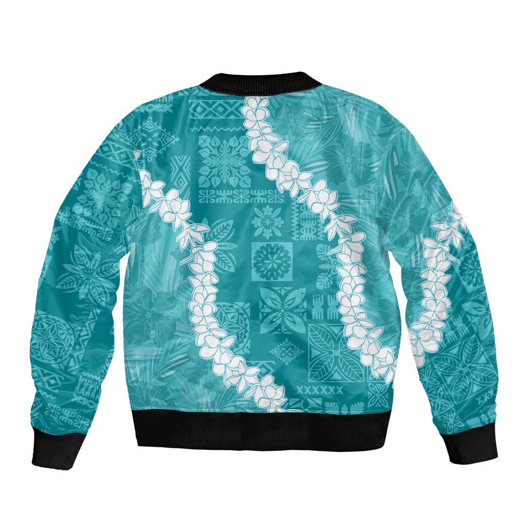 Hawaii Aloha Sleeve Zip Bomber Jacket Teal Quilt Patch Work Mix Plumeria Lei LT7 - Polynesian Pride
