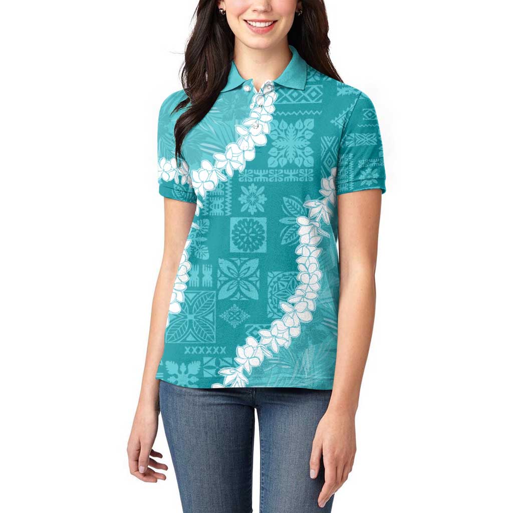 Hawaii Aloha Women Polo Shirt Teal Quilt Patch Work Mix Plumeria Lei