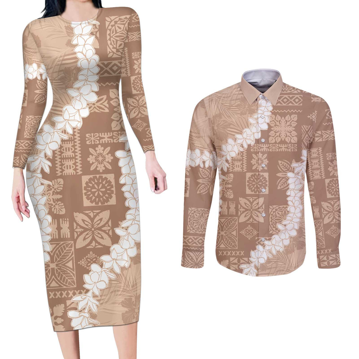 Hawaii Aloha Couples Matching Long Sleeve Bodycon Dress and Long Sleeve Button Shirt Beige Quilt Patch Work Mix Plumeria Lei LT7 Beige - Polynesian Pride