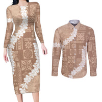 Hawaii Aloha Couples Matching Long Sleeve Bodycon Dress and Long Sleeve Button Shirt Beige Quilt Patch Work Mix Plumeria Lei LT7 Beige - Polynesian Pride
