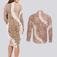 Hawaii Aloha Couples Matching Long Sleeve Bodycon Dress and Long Sleeve Button Shirt Beige Quilt Patch Work Mix Plumeria Lei LT7 - Polynesian Pride