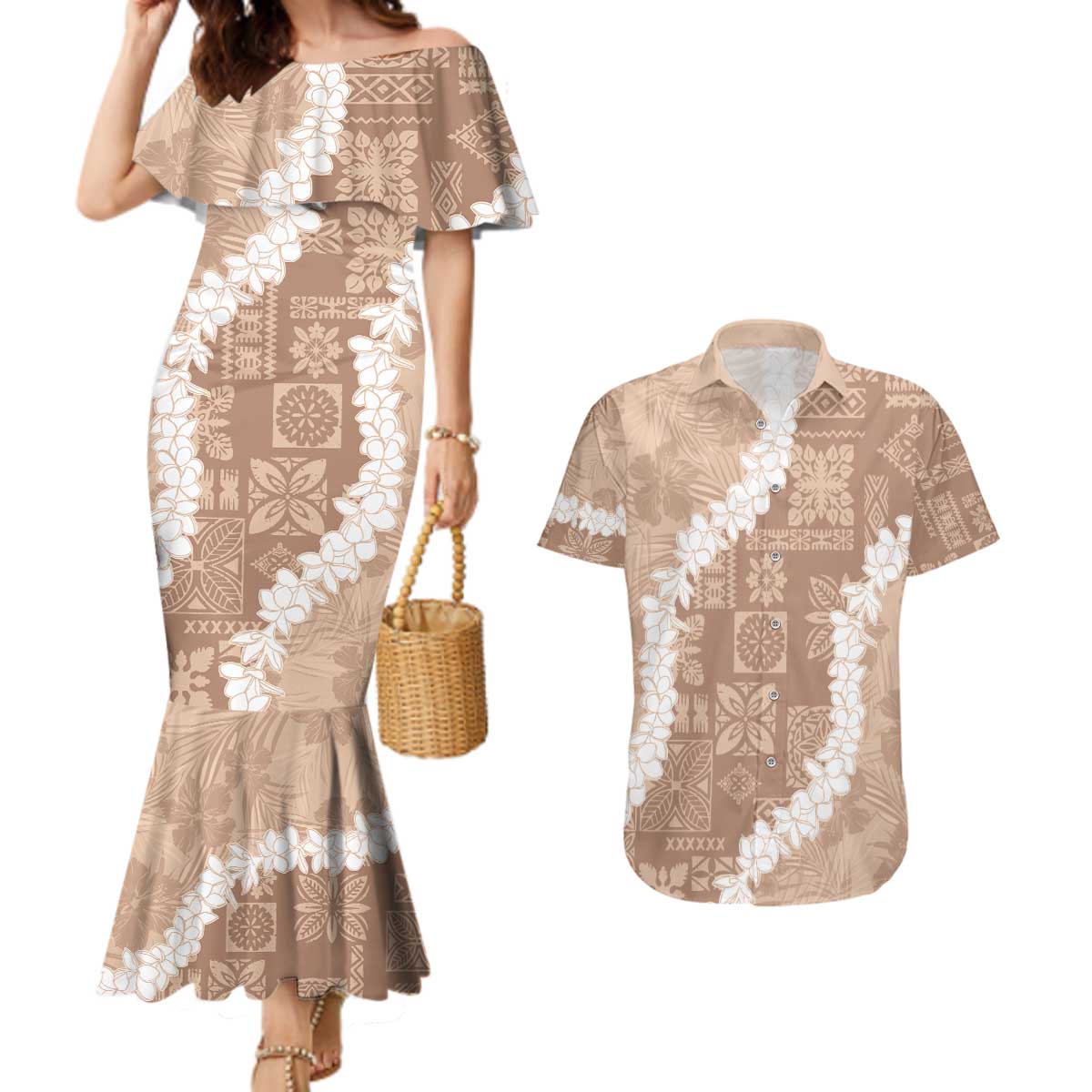 Hawaii Aloha Couples Matching Mermaid Dress and Hawaiian Shirt Beige Quilt Patch Work Mix Plumeria Lei LT7 Beige - Polynesian Pride