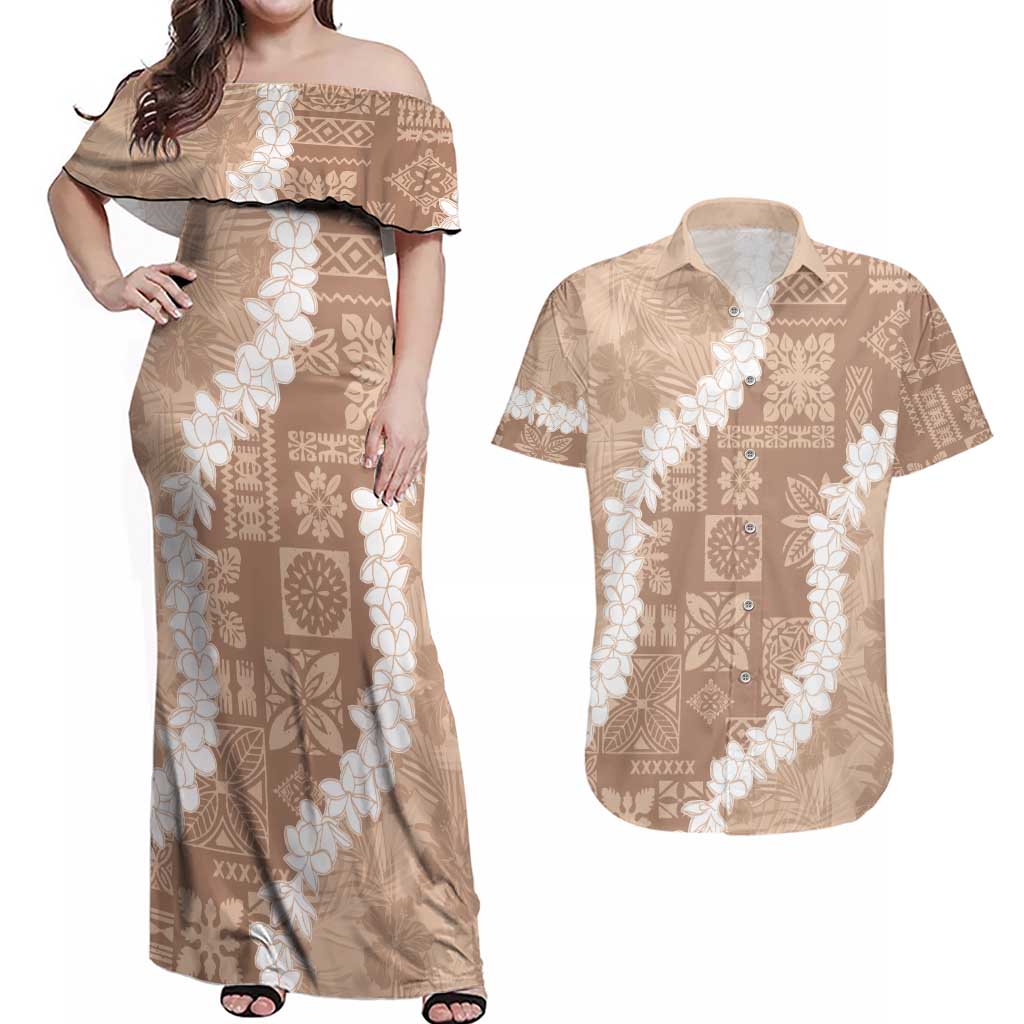 Hawaii Aloha Couples Matching Off Shoulder Maxi Dress and Hawaiian Shirt Beige Quilt Patch Work Mix Plumeria Lei LT7 Beige - Polynesian Pride