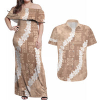Hawaii Aloha Couples Matching Off Shoulder Maxi Dress and Hawaiian Shirt Beige Quilt Patch Work Mix Plumeria Lei LT7 Beige - Polynesian Pride