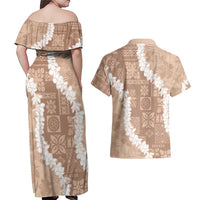 Hawaii Aloha Couples Matching Off Shoulder Maxi Dress and Hawaiian Shirt Beige Quilt Patch Work Mix Plumeria Lei LT7 - Polynesian Pride