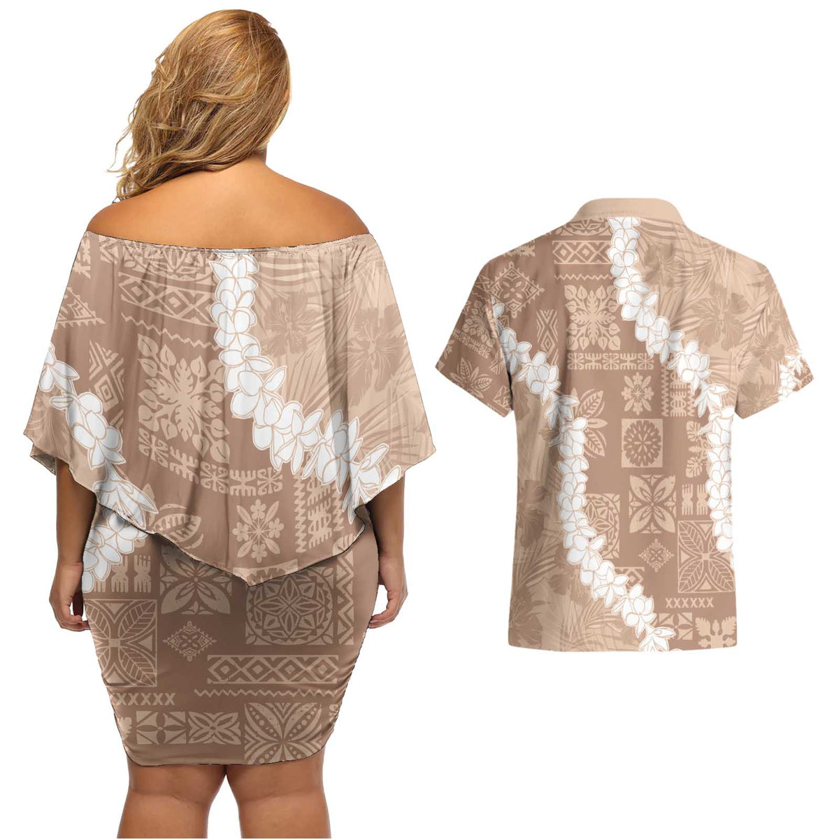 Hawaii Aloha Couples Matching Off Shoulder Short Dress and Hawaiian Shirt Beige Quilt Patch Work Mix Plumeria Lei LT7 - Polynesian Pride