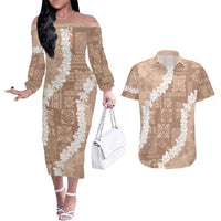 Hawaii Aloha Couples Matching Off The Shoulder Long Sleeve Dress and Hawaiian Shirt Beige Quilt Patch Work Mix Plumeria Lei LT7 Beige - Polynesian Pride