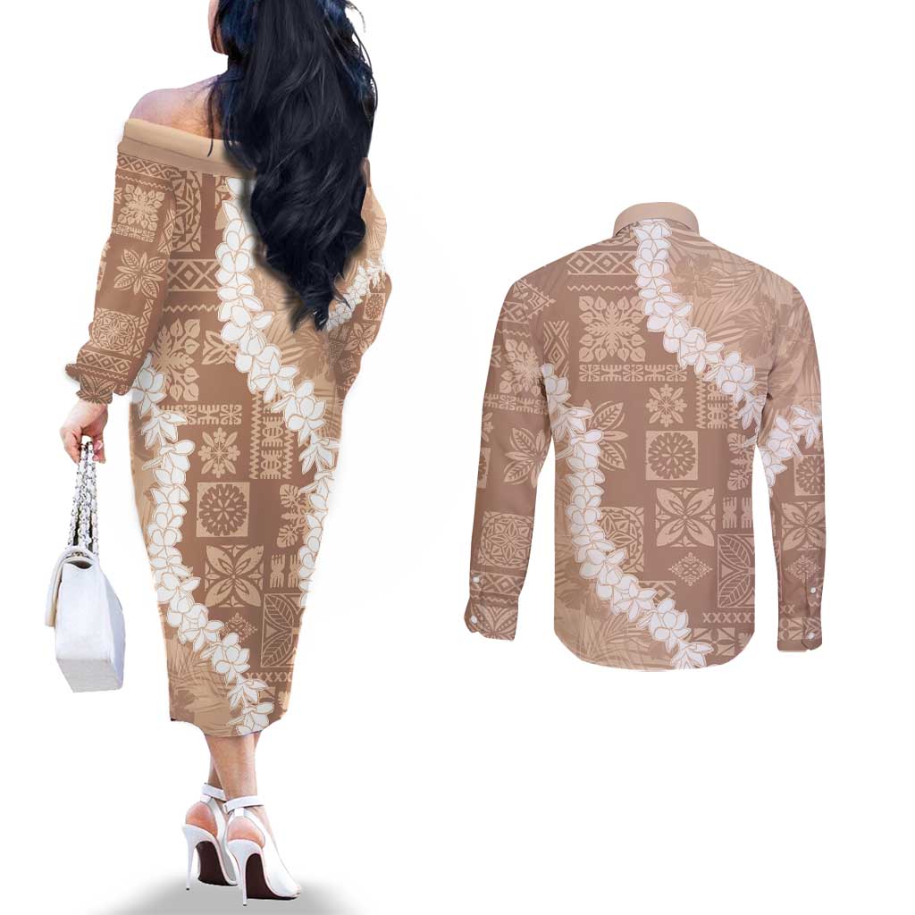 Hawaii Aloha Couples Matching Off The Shoulder Long Sleeve Dress and Long Sleeve Button Shirt Beige Quilt Patch Work Mix Plumeria Lei LT7 - Polynesian Pride