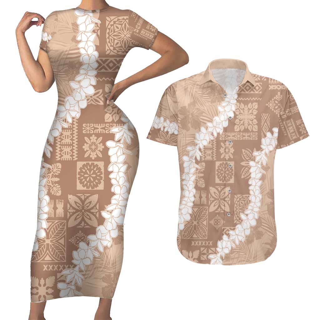 Hawaii Aloha Couples Matching Short Sleeve Bodycon Dress and Hawaiian Shirt Beige Quilt Patch Work Mix Plumeria Lei LT7 Beige - Polynesian Pride