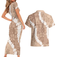 Hawaii Aloha Couples Matching Short Sleeve Bodycon Dress and Hawaiian Shirt Beige Quilt Patch Work Mix Plumeria Lei LT7 - Polynesian Pride