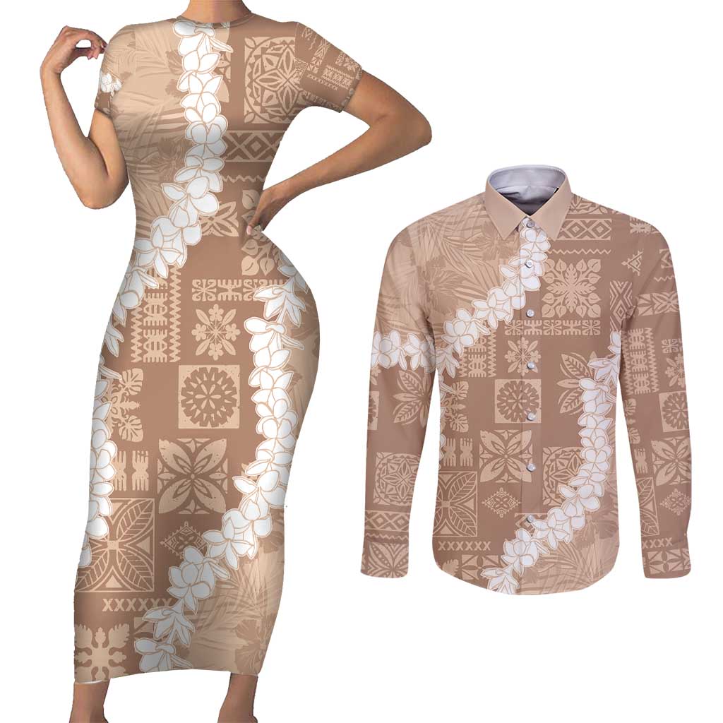 Hawaii Aloha Couples Matching Short Sleeve Bodycon Dress and Long Sleeve Button Shirt Beige Quilt Patch Work Mix Plumeria Lei LT7 Beige - Polynesian Pride