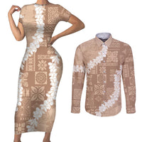 Hawaii Aloha Couples Matching Short Sleeve Bodycon Dress and Long Sleeve Button Shirt Beige Quilt Patch Work Mix Plumeria Lei LT7 Beige - Polynesian Pride