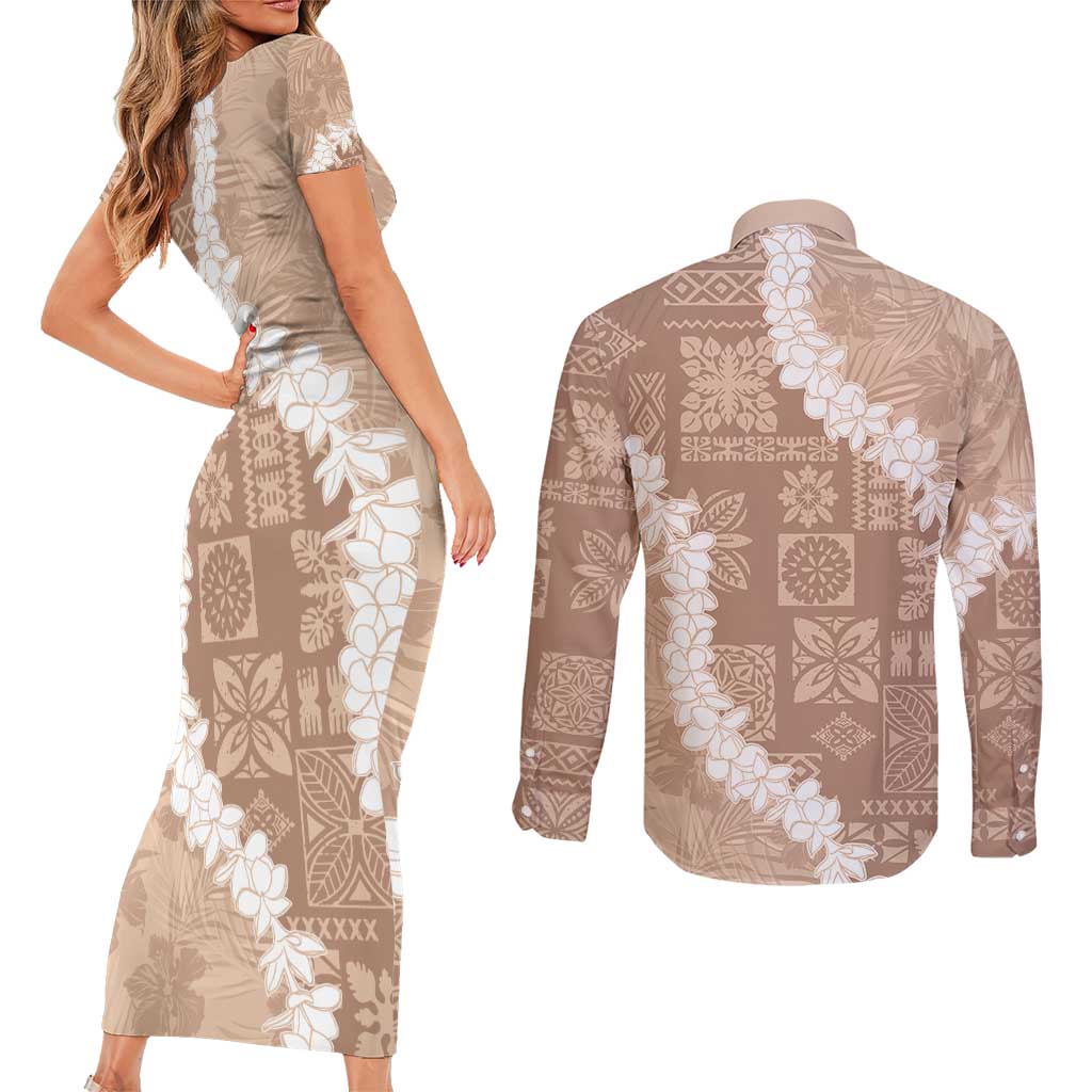 Hawaii Aloha Couples Matching Short Sleeve Bodycon Dress and Long Sleeve Button Shirt Beige Quilt Patch Work Mix Plumeria Lei LT7 - Polynesian Pride