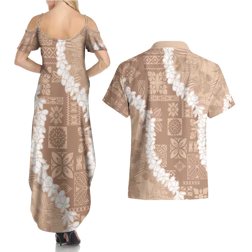 Hawaii Aloha Couples Matching Summer Maxi Dress and Hawaiian Shirt Beige Quilt Patch Work Mix Plumeria Lei LT7 - Polynesian Pride