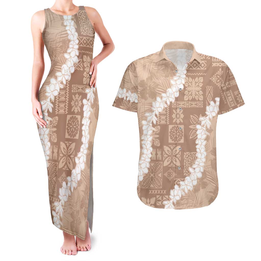 Hawaii Aloha Couples Matching Tank Maxi Dress and Hawaiian Shirt Beige Quilt Patch Work Mix Plumeria Lei LT7 Beige - Polynesian Pride