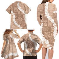 Hawaii Aloha Family Matching Long Sleeve Bodycon Dress and Hawaiian Shirt Beige Quilt Patch Work Mix Plumeria Lei LT7 - Polynesian Pride