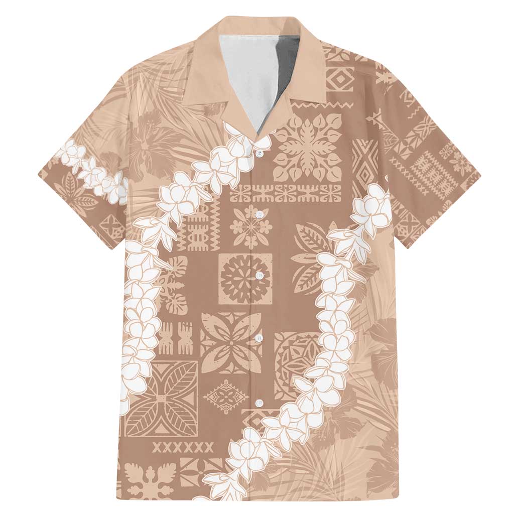 Hawaii Aloha Family Matching Mermaid Dress and Hawaiian Shirt Beige Quilt Patch Work Mix Plumeria Lei LT7 Dad's Shirt - Short Sleeve Beige - Polynesian Pride