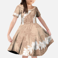 Hawaii Aloha Family Matching Off The Shoulder Long Sleeve Dress and Hawaiian Shirt Beige Quilt Patch Work Mix Plumeria Lei LT7 Daughter's Dress Beige - Polynesian Pride
