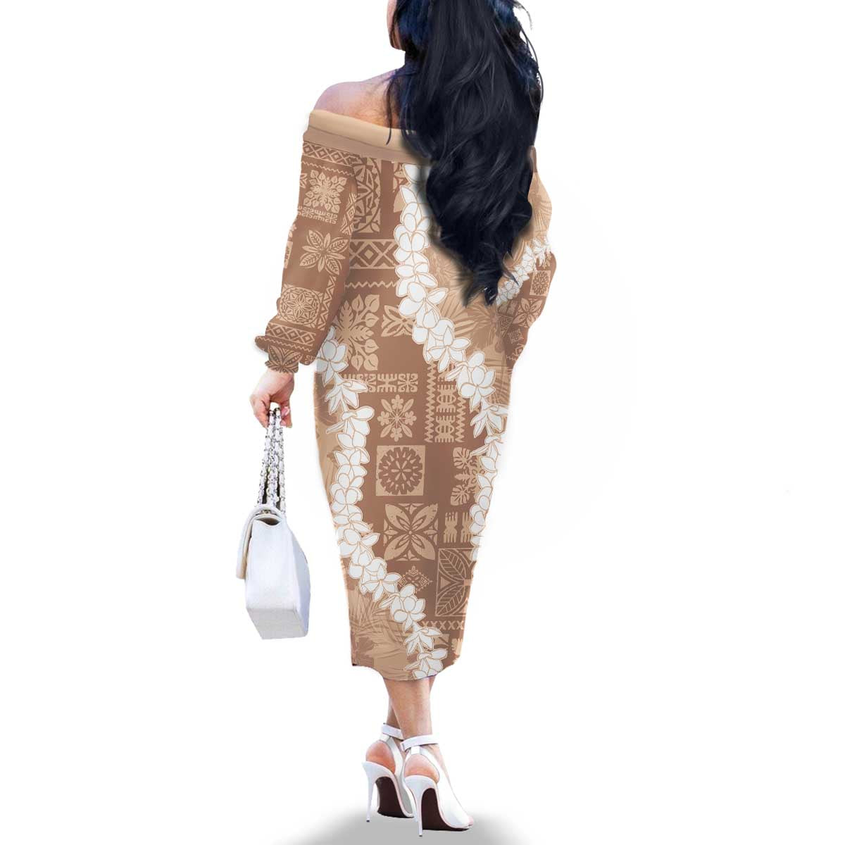 Hawaii Aloha Family Matching Off The Shoulder Long Sleeve Dress and Hawaiian Shirt Beige Quilt Patch Work Mix Plumeria Lei LT7 - Polynesian Pride
