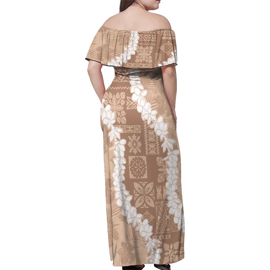 Hawaii Aloha Family Matching Off Shoulder Maxi Dress and Hawaiian Shirt Beige Quilt Patch Work Mix Plumeria Lei LT7 - Polynesian Pride
