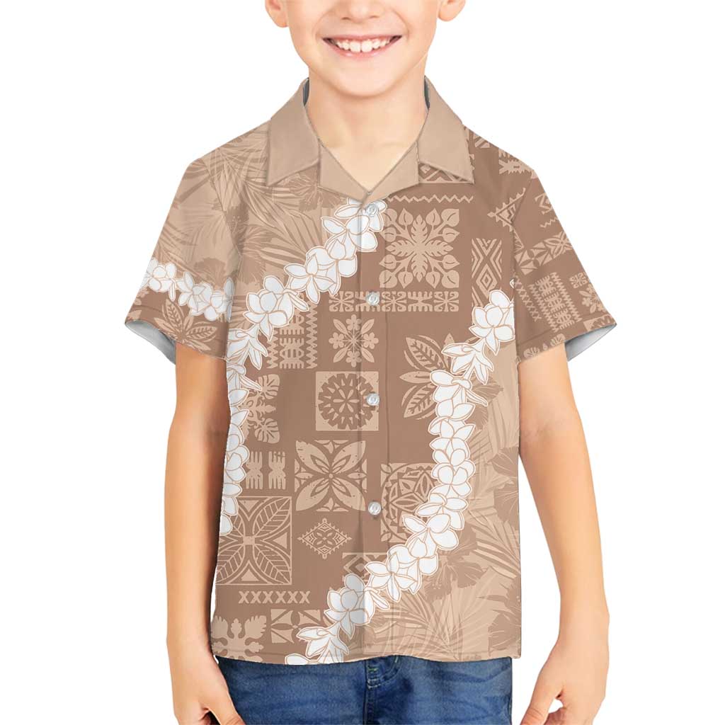 Hawaii Aloha Family Matching Off Shoulder Maxi Dress and Hawaiian Shirt Beige Quilt Patch Work Mix Plumeria Lei LT7 Son's Shirt Beige - Polynesian Pride