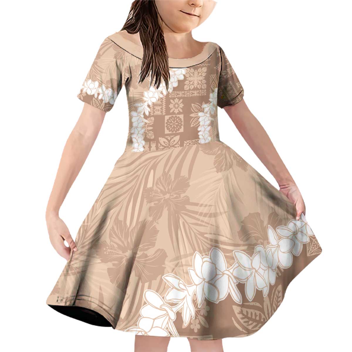 Hawaii Aloha Family Matching Off Shoulder Short Dress and Hawaiian Shirt Beige Quilt Patch Work Mix Plumeria Lei LT7 Daughter's Dress Beige - Polynesian Pride