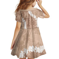 Hawaii Aloha Family Matching Off Shoulder Short Dress and Hawaiian Shirt Beige Quilt Patch Work Mix Plumeria Lei LT7 - Polynesian Pride