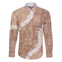 Hawaii Aloha Family Matching Off Shoulder Short Dress and Hawaiian Shirt Beige Quilt Patch Work Mix Plumeria Lei LT7 Dad's Shirt - Long Sleeve Beige - Polynesian Pride