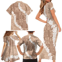Hawaii Aloha Family Matching Short Sleeve Bodycon Dress and Hawaiian Shirt Beige Quilt Patch Work Mix Plumeria Lei LT7 - Polynesian Pride