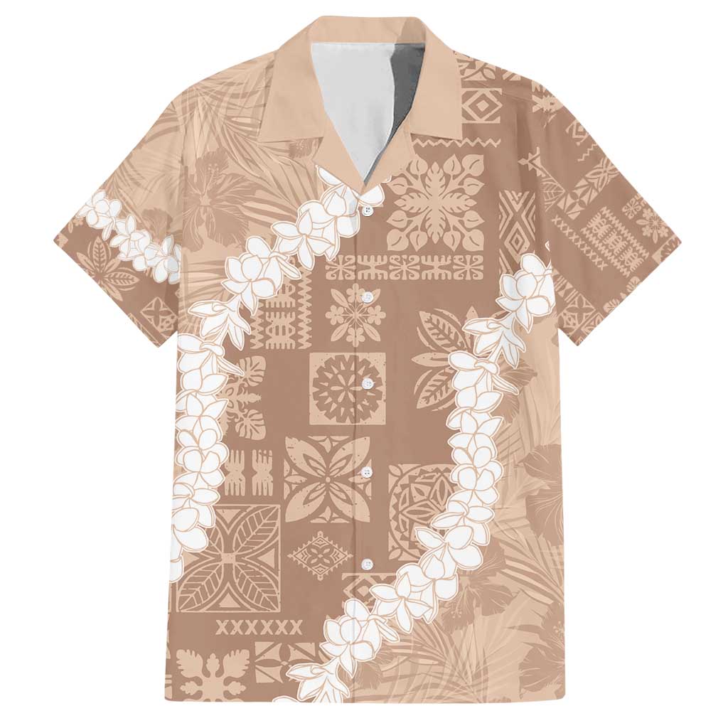 Hawaii Aloha Family Matching Short Sleeve Bodycon Dress and Hawaiian Shirt Beige Quilt Patch Work Mix Plumeria Lei LT7 Dad's Shirt - Short Sleeve Beige - Polynesian Pride