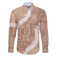 Hawaii Aloha Family Matching Short Sleeve Bodycon Dress and Hawaiian Shirt Beige Quilt Patch Work Mix Plumeria Lei LT7 Dad's Shirt - Long Sleeve Beige - Polynesian Pride
