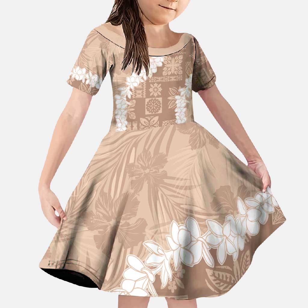 Hawaii Aloha Family Matching Summer Maxi Dress and Hawaiian Shirt Beige Quilt Patch Work Mix Plumeria Lei LT7 Daughter's Dress Beige - Polynesian Pride