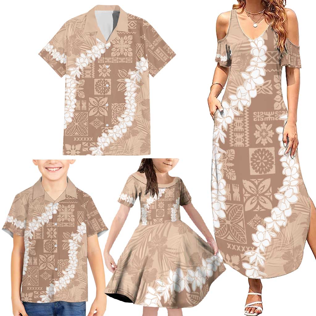 Hawaii Aloha Family Matching Summer Maxi Dress and Hawaiian Shirt Beige Quilt Patch Work Mix Plumeria Lei LT7 - Polynesian Pride