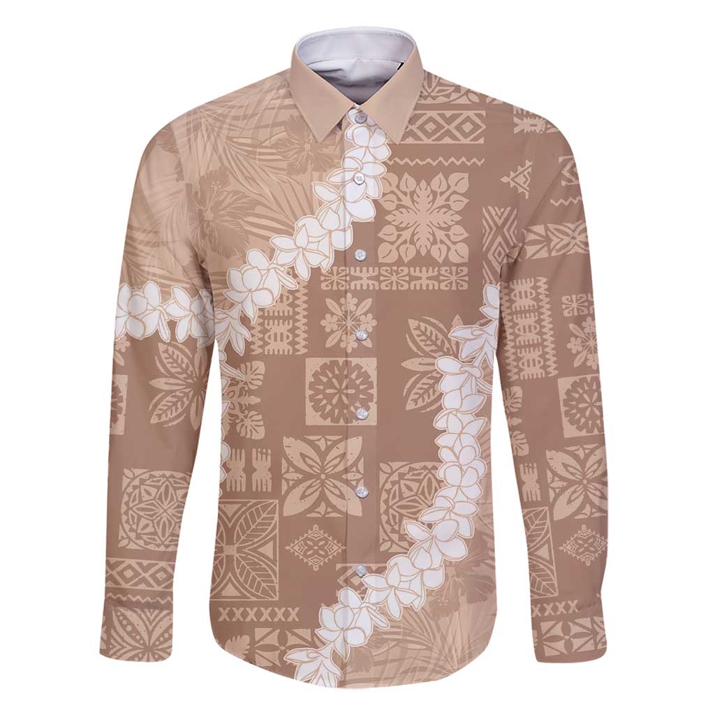 Hawaii Aloha Family Matching Summer Maxi Dress and Hawaiian Shirt Beige Quilt Patch Work Mix Plumeria Lei LT7 Dad's Shirt - Long Sleeve Beige - Polynesian Pride