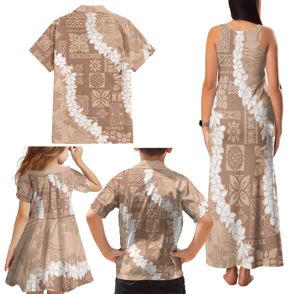 Hawaii Aloha Family Matching Tank Maxi Dress and Hawaiian Shirt Beige Quilt Patch Work Mix Plumeria Lei LT7 - Polynesian Pride
