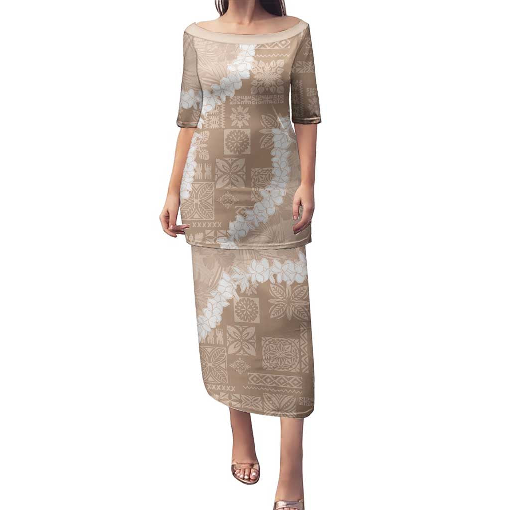 Hawaii Aloha Puletasi Beige Quilt Patch Work Mix Plumeria Lei LT7 Long Dress Beige - Polynesian Pride