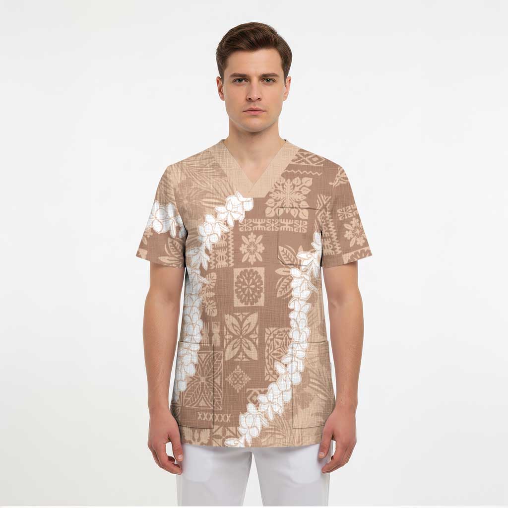 Hawaii Aloha Scrub Top Beige Quilt Patch Work Mix Plumeria Lei - Polynesian Pride