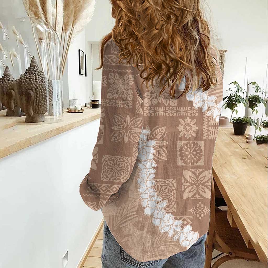 Hawaii Aloha Women Casual Shirt Beige Quilt Patch Work Mix Plumeria Lei