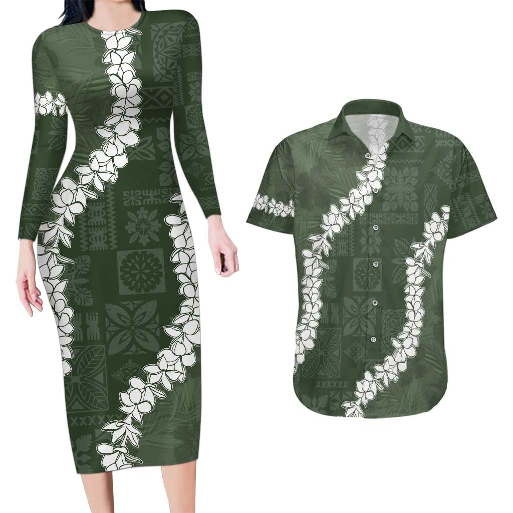 Hawaii Aloha Couples Matching Long Sleeve Bodycon Dress and Hawaiian Shirt Sage Quilt Patch Work Mix Plumeria Lei LT7 Sage - Polynesian Pride