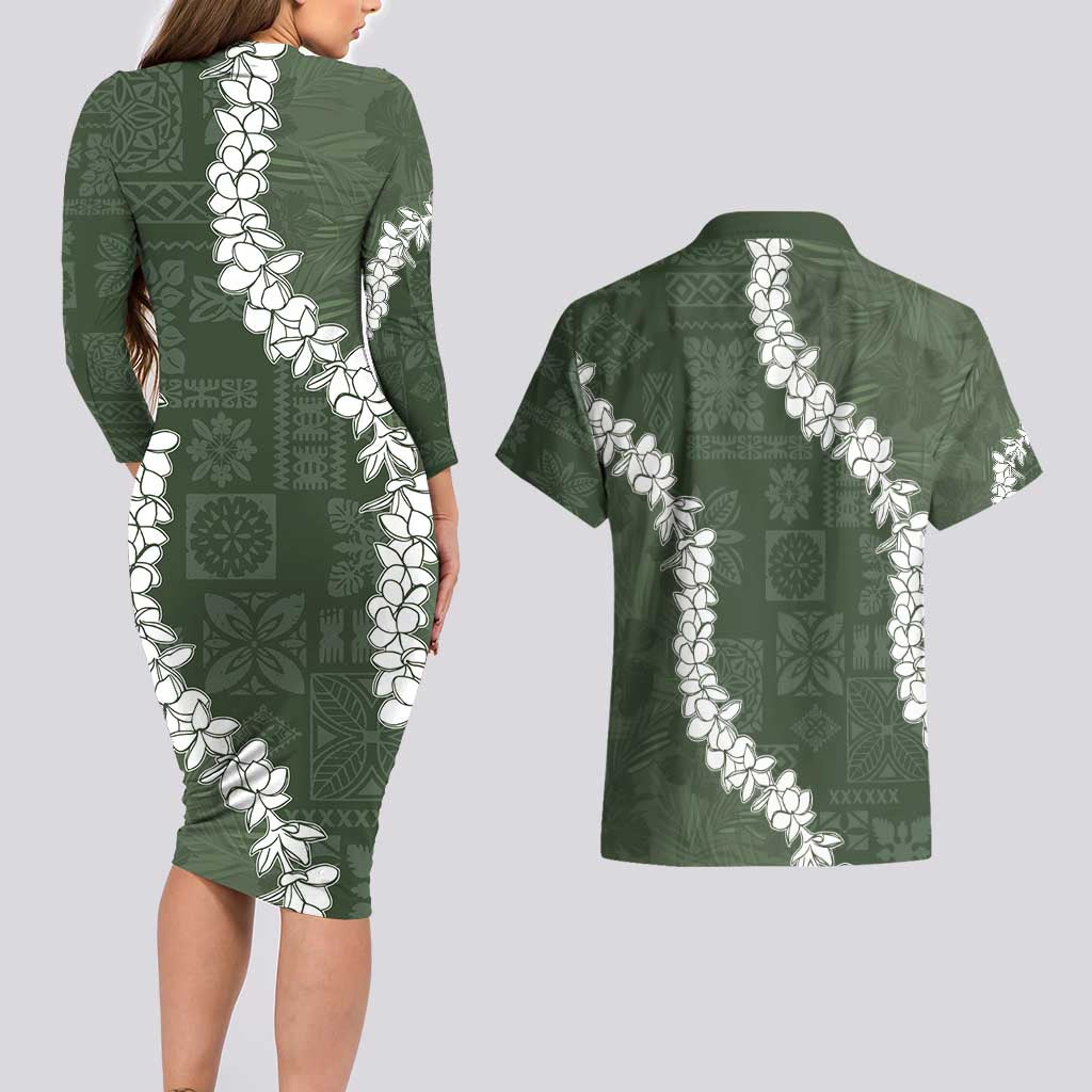Hawaii Aloha Couples Matching Long Sleeve Bodycon Dress and Hawaiian Shirt Sage Quilt Patch Work Mix Plumeria Lei LT7 - Polynesian Pride