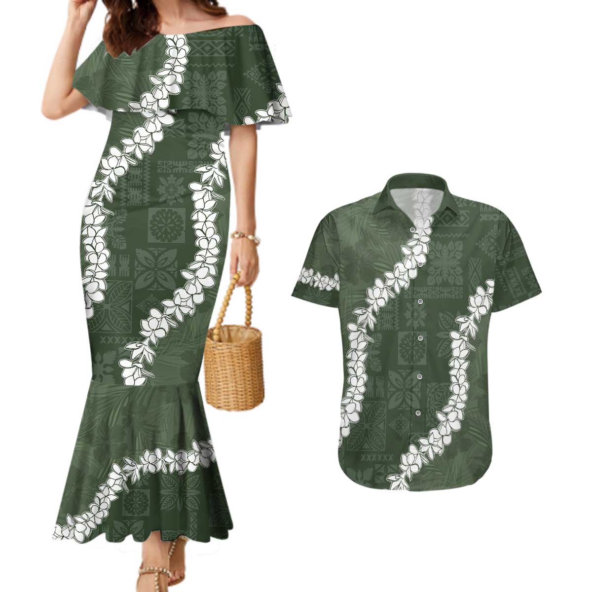 Hawaii Aloha Couples Matching Mermaid Dress and Hawaiian Shirt Sage Quilt Patch Work Mix Plumeria Lei LT7 Sage - Polynesian Pride