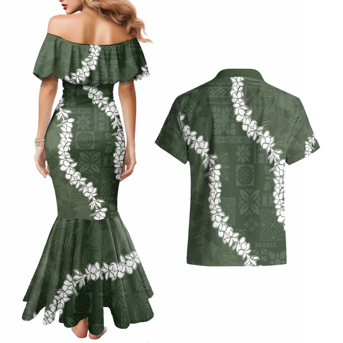 Hawaii Aloha Couples Matching Mermaid Dress and Hawaiian Shirt Sage Quilt Patch Work Mix Plumeria Lei LT7 - Polynesian Pride